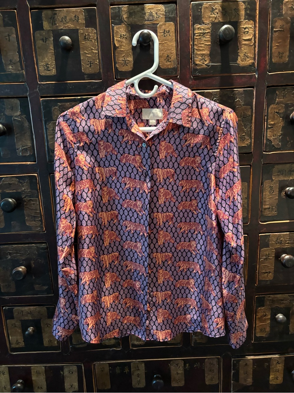 J. Crew Purple Button-Up Blouse with Orange Tiger Print